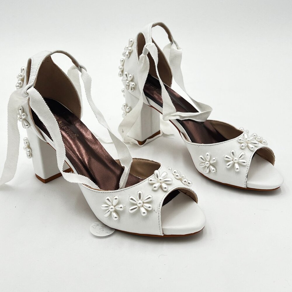 White Women's Pearl Chunky Heel Peep Toe Sandals Lace Up Dress Prom Wedding Shoe